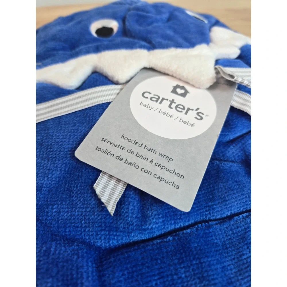 Carters Blue Shark Hooded Bath Wrap Cotton Towel 30x36 NWT